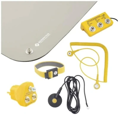 Imagen de Bernstein 9 361 A ESD Set de 6 piezas protección para personas (incluye esterilla antiestática, 90 x 61 cm, correa mano, cable tierra, caja conector tierra), color gris