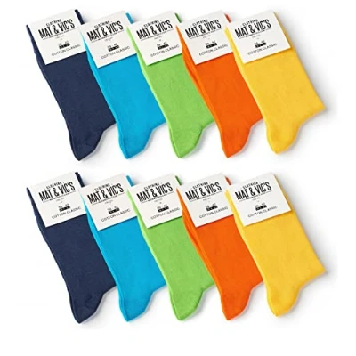 Imagen de Mat &amp; Vic’s Calcetines Clásicos de Vestir para Hombre y Mujer, Algodón, Certificado Oeko Tex 100, cómodos (10 pares, Trend Colors amarillo naranja verde turquesa azul navy, UK 4 5.5 / EU 35 38)