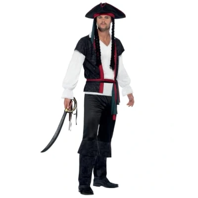Imagen de Smiffys Disfraz de capitán pirata, Negro, con parte arriba, pantalón, corbata y sombrero pelo