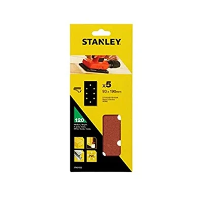 Imagen de STANLEY STA31522 XJ 5 hojas de lija perforadas. 1/3 (93 x 190mm). Grano 120. Autoadherentes. Madera, pintura, barniz, yeso, metal y plástico.