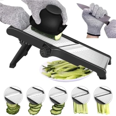 Imagen de Mandolina de Cocina Cortador Verdura Profesional Ajustable Acero Inoxidable, Con Protección Para Las Manos, Realiza Rebanadas Gruesas 1 A 9 mm, Verduras Manual