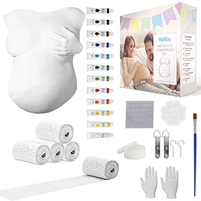 Imagen de Hipsty Set de impresión yeso para el vientre bebé con vendas (23 m), 12 pinturas acrílicas y mucho más La huella del te recuerda a tu embarazo durante tiempo Juego
