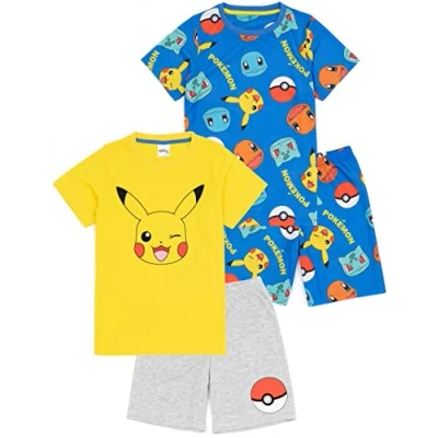 Imagen de Pokemon Boys 2 Pack Pijamas Niños Amarillo Pikachu Azul Bulbasaur Charmander Squirtle Personajes T Shirts Shorts Set Juego Ropa de Dormir Mercancía