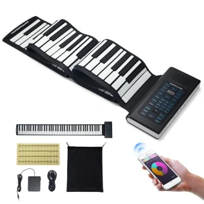 Imagen de VEVOR Teclado Piano Enrollable 88 Teclas 128 Ritmos Tonos Digital Portátil Recargable con Altavoz 2W Pantalla LED 5 Puertos Función Midi para Niños, Principiantes, Adultos, Negro