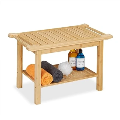 Imagen de Relaxdays Banco Baño Bambú, Taburete con Balda y Asas, 45x75x40,5 cm, Asiento para 2 Personas, Cocina o Pasillo, Natural