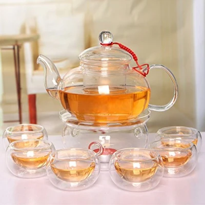 Imagen de Beddingleer Ensemble de Théière en verre élégant résistant à la chaleur Infuse + Cuisinière 6 Gobelets thé Double Wall 600 ml