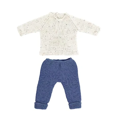 Imagen de Miniland Conjunto beig y Azul de Punto para muñeco 40cm. Jersey pantalón. Pelele gorrito. Fabricado en España con Textil Reciclado. Dolls.