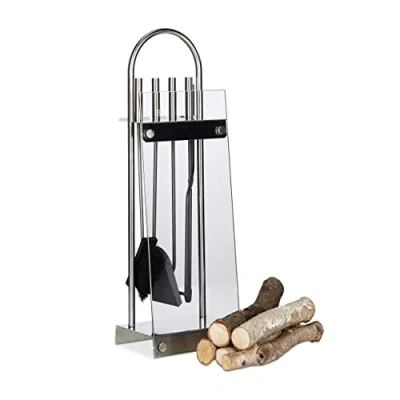 Imagen de Relaxdays Juego de Utensilios Chimenea con Soporte Cristal, Acero Inoxidable, Plateado, 75x24.5x17 cm, 5 Unidades