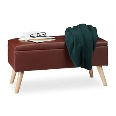 Imagen de Relaxdays Banco Almacenamiento 40 L, Cuero Sintético, Madera de Pino y DM, Marrón, x 80 39,5 cm