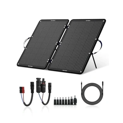 Imagen de ECO WORTHY Placa Solar 100W 12V Panel Portatil Plegable con Soporte Ajustable, Cable PV (9,84 pies), Adaptador de 4 CC para la mayoría centrales energía, autocaravanas, caravanas