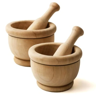 Imagen de MGE 2 Juego de Mortero y Mazo Madera Cocina para Triturar Especias Molinillo Manual Ajo, Hierbas Triturador 8 cm Set