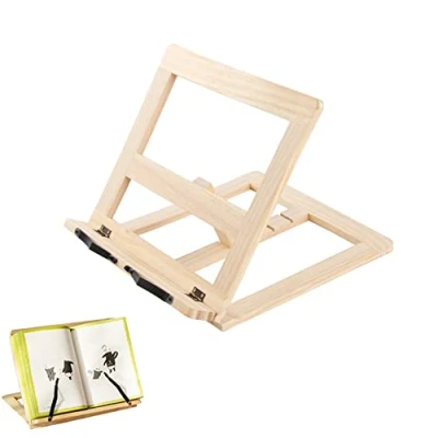 Imagen de 𝗔𝘁𝗿𝗶𝗹 𝗱𝗲 𝗺𝗮𝗱𝗲𝗿𝗮 𝗽𝗮𝗿𝗮 𝗹𝗶𝗯𝗿𝗼𝘀. Soporte de lectura madera. Atril multifunción, portátil, ajustable y plegable, para libros cocina, documentos, tableta.
