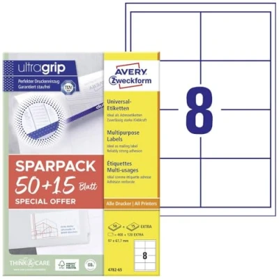 Imagen de AVERY Zweckform 4782 65 etiquetas universales (400 más 120 adhesivas extra, 97 x 67,7 mm en A4, de envío imprimibles, pegatinas autoadhesivas con ultraagarre), hojas,