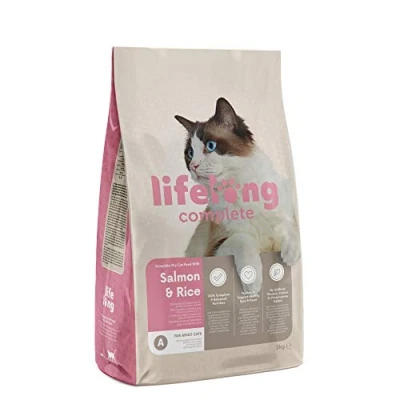 Imagen de Marca Amazon Lifelong Complete Alimento seco completo para gatos adultos con salmón y arroz, 1 x 3 kg