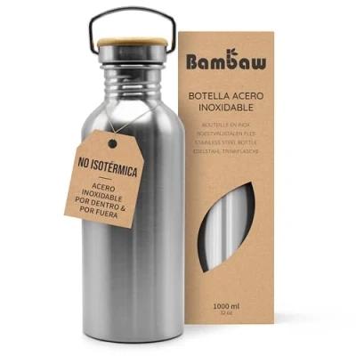 Imagen de Bambaw Botella de Agua Acero Inoxidable No Térmica, Reutilizable, Mantiene la Temperatura, 1L