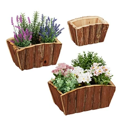 Imagen de Relaxdays Set de 3 Macetas, Madera Natural con Corteza, Jardín, Terraza y Alféizar, Decoración para Plantar, Marrón