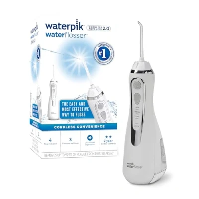 Imagen de Waterpik Irrigador Dental Eléctrico con 3 Posiciones de Control del Agua a Presión Cargador USB, Eliminación Placa óptimo para Viajar y Baños Pequeños, Blanco (WP 580EU)