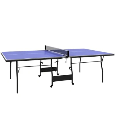 Imagen de SPORTNOW Mesa de Ping Pong Plegable Tenis Profesional Tamaño Estándar con 4 Ruedas Red 2 Paletas y 3 Pelotas para Interior 274x152,5x76 cm Azul