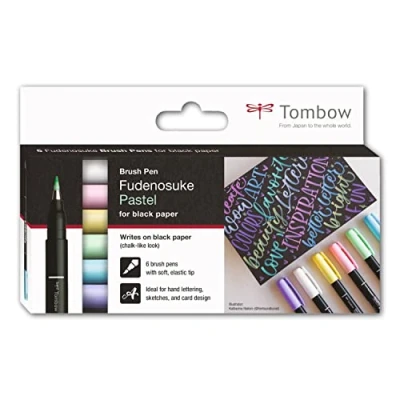 Imagen de Tombow Estuche 6 Rotuladores Fudenosuke Hard Colores Pastel Pincel para Lettering, Caligrafía, Contornos, Dibujo, Ilustraciones, Esbozos Punta Elastica Dura Resistente al Agua