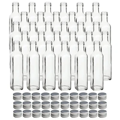 Imagen de gouveo Juego de 30 botellas cristal Maraska 250 ml con tapón rosca plateado Botella cuadrada 0,25 L para rellenar licor, vinagre, aceite (MFET250S)