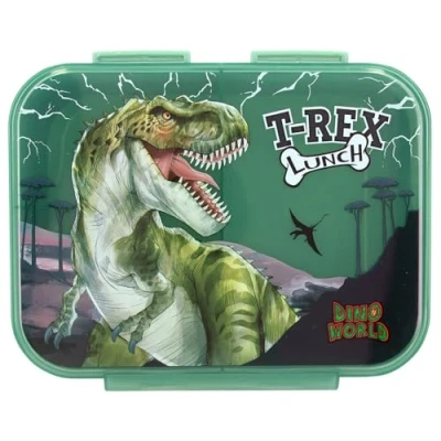 Imagen de Depesche 12898 Dino World Reflector Verde Oscuro, con Motivo de Dinosaurio y Rayos, Fiambrera 3 Compartimentos Tapa Transparente, Multicolor, One Size