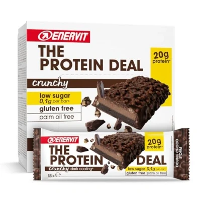 Imagen de Enervit The Protein Deal Crunchy Double Choco Storm, Barritas Proteicas, 20g de Proteína, Sabor Chocolate Negro, Snacks Proteicos Sin Gluten, Bajo en Azúcar, 12 x 55g
