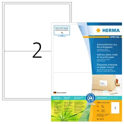 Imagen de HERMA 10735 Etiquetas recicladas, 80 hojas, 199,6 x 143,5 mm, 2 hojas por A4, 160 unidades, autoadhesivas, imprimibles, mate, en blanco, papel reciclado, blanco natural