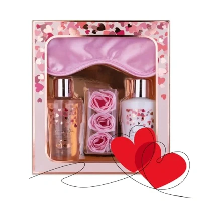 Imagen de Accentra set de regalo para mujer Heart Cascade belleza con antifaz dormir, gel ducha, loción corporal y confeti baño rosas bienestar mujeres niñas