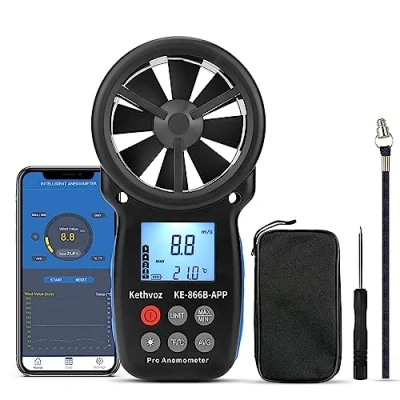 Imagen de Kethvoz Anemómetro Digital Medidor de Viento Bluetooth, Probador Speed del Mano Mida la Temperatura Velocidad Flujo Aire para Windsurfing Drone Kite Flying KE 866B APP