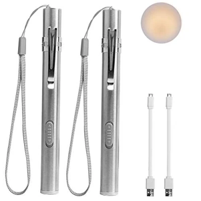Imagen de LEAGY 2 Paquetes Bolígrafo de Luz, luz médica, pluma enfermera, linterna LED recargable por USB, acero inoxidable con clip bolsillo y cordón para cuidado personal, iluminación