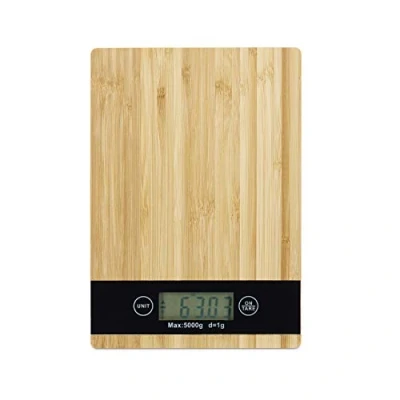 Imagen de Relaxdays Báscula de cocina, Digital, Pantalla LCD, Táctil, Función tara, 5kg, Bambú, Marrón, 23 x 16 cm