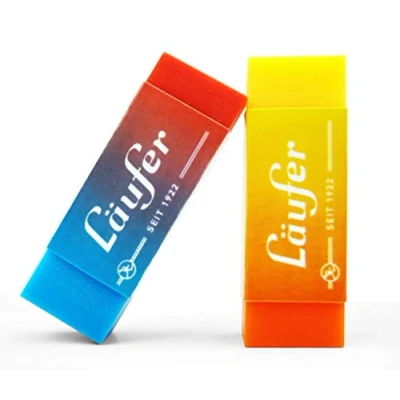 Imagen de Läufer 69825 Plast Color Goma de borrar bicolor para lápices y colores, incluye 2 gomas escuela, hogar oficina, naranja amarillo rojo azul