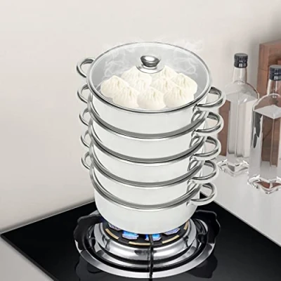 Imagen de Manti Topf Mantowarka Olla para cocinar al vapor (5 niveles, acero inoxidable, tapa de cristal, opcional 26/28/30 cm) (26