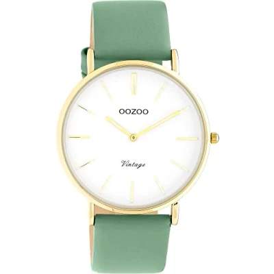 Imagen de Oozoo Reloj de pulsera para mujer vintage con Correa piel 20 mm, analógico, redondo, Verde Dorado,
