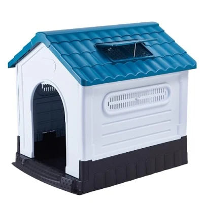 Imagen de Lanco Caseta para Perros Pequeños con Techo corredizo Regulable. Uso Interior y Exterior ventilación. Material Resistente. 68x55x66cm. Azul Blanco.