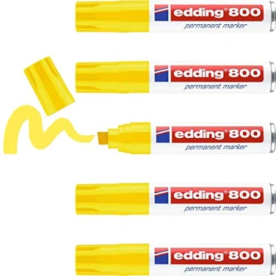 Imagen de edding 800 marcador permanente amarillo 5 rotuladores punta biselada 4 12 mm para marcas llamativas resistente al agua, secado rápido, indeleble cartón,plástico, madera, metal, vidrio