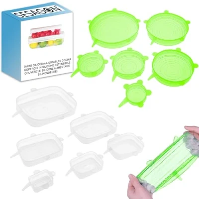Imagen de Tapas silicona ajustables cocina 12 uds versatiles seguras sostenibles Sin BPA faciles de Limpiar en Lavavajillas para un almacenamiento eficiente