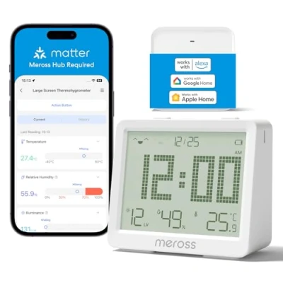 Imagen de Meross WiFi Termómetro Higrómetro Inteligente con Gran Pantalla, Sensor de Temperatura Humedad Soporta Alerta y Notificación, Compatible Matter, Apple HomeKit, Alexa Google Home (Con Hub)
