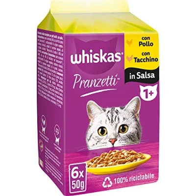 Imagen de Whiskas Almuerzos de Carne Blanca 1+ para Adultos, Comida húmeda Gato, 12 Paquetes Cada uno 6 Sobres x 50 g (72 bolsitas en Total)