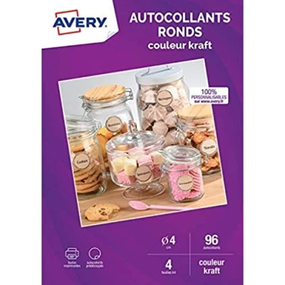Imagen de Avery Bolsa de 96 pegatinas redondas color kraft, 100% recicladas, personalizables e imprimibles, diámetro 40 mm, impresión láser, inyección tinta,