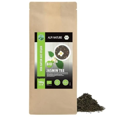Imagen de té de jazmín orgánico, a granel, verde con flores cultivo orgánico controlado, seco, cortado, sin aditivos (100 GR)