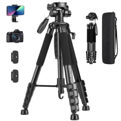 Imagen de JOILCAN 187cm Trípode Ligero Cámara, Aluminio, para Canon Nikon Sony con Cabezal Giratorio Desmontable de 3 vía, Soprtre Teléfono Movil, Bolsa Transporte, Carga hasta 5kg