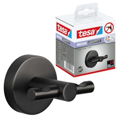 Imagen de tesa MOON Gancho Autoadhesivo para Albornoz Colgador de Metal Revestido PVD, Cepillado en Grafito sin Taladrar, Incluye Solución Adhesiva 50 mm x 65 53