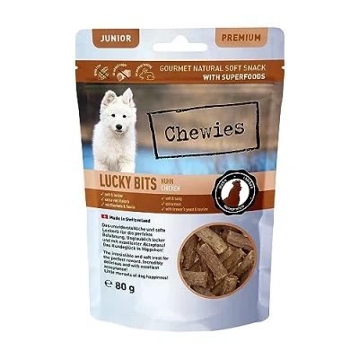 Imagen de Chewies Lucky bits Golosinas para Perros de Pollo Junior Cachorros, sin Cereales y Suaves, con Muchas proteínas superalimentos como levadura Cerveza o Ginkgo, azúcar (80 g)