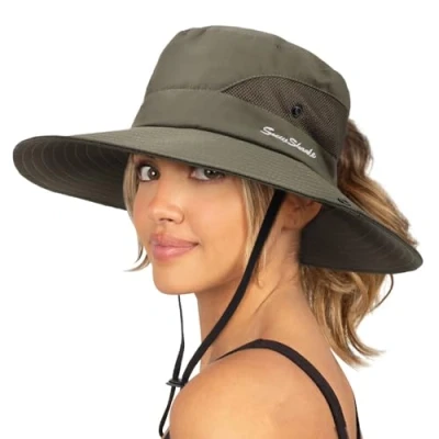 Imagen de DRESHOW Mujer Sol Sombrero Al aire Libre UV Protección Plegable Ala Ancha Pesca Ponytail Playa Bucket Sombreros