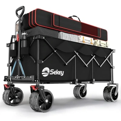 Imagen de Sekey XXXL Carro Playa Plegable con Frenos 300L 200KG, Carrito Ruedas Extra Grandes 17x10 cm para Todo Terrenos, Patentado en Cuatro Direcciones SE4013, Negro