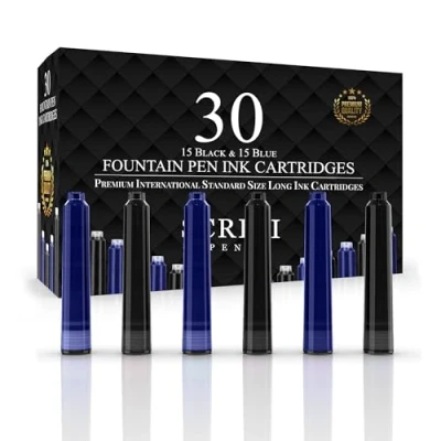 Imagen de SCRIVI PENS Recambios De Tinta Para Pluma Estilográfica 30 Cartuchos Negra Y Azul Tamaño Estándar Internacional Aprox. 2,04 Pulgadas Diámetro La Base 0.24&quot; Desechable