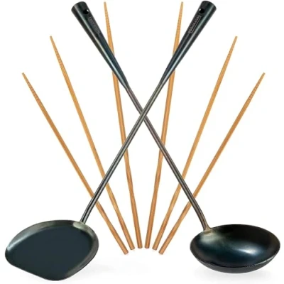 Imagen de YOSUKATA Espátula y Cucharón para Wok 43 cm 3 pares Palillos Cocinar Utensilios de Cocina Acero al Carbono Paleta Sopa Herramientas Accesorios