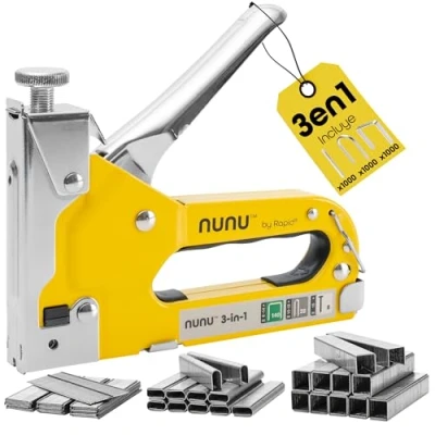 Imagen de Rapid NUNU Grapadora Manual 3 en 1 para Madera con 3.000 Grapas y clavos. Profesional Tapicería, Paredes, Moquetas Fijación de Cables, Potencia Ajustable, Diseño Ergonómico