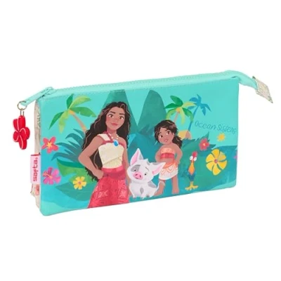 Imagen de Safta VAIANA Portatodo Triple, Estuche Infantil, Niño, Ideal para Niños en Edad Escolar, Cómodo y Versátil, Calidad Resistencia, 22x3x12 cm, Color Beige/Azul